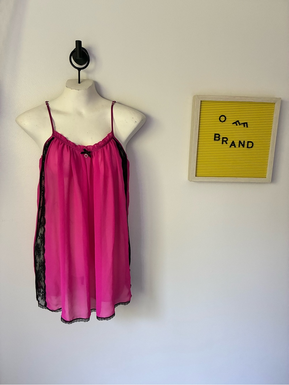 Hot Pink Satin-Feel Chemise with Black Lace Trim